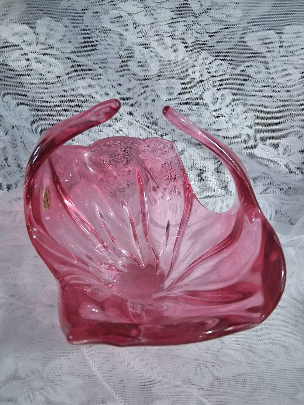 Vintage Bohemian Art Glass Basket Cranberry Clear Cased Glass Mid Century Czech - Picture 8 of 16